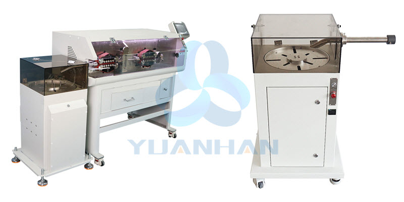 Fully automatic cable cutting stripping machine working with wire coiling  and cable feeder machine